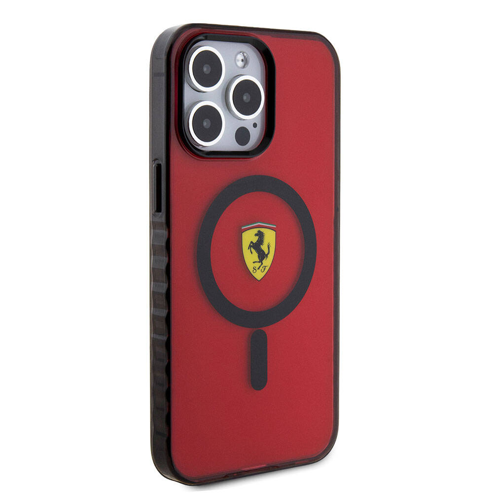 Apple iPhone 15 Pro Max Kılıf Ferrari Orjinal Lisanslı M-safe Şarj Özellikli Tırtıklı Kenar Tasarımlı Ortalanmış Logo Kapak