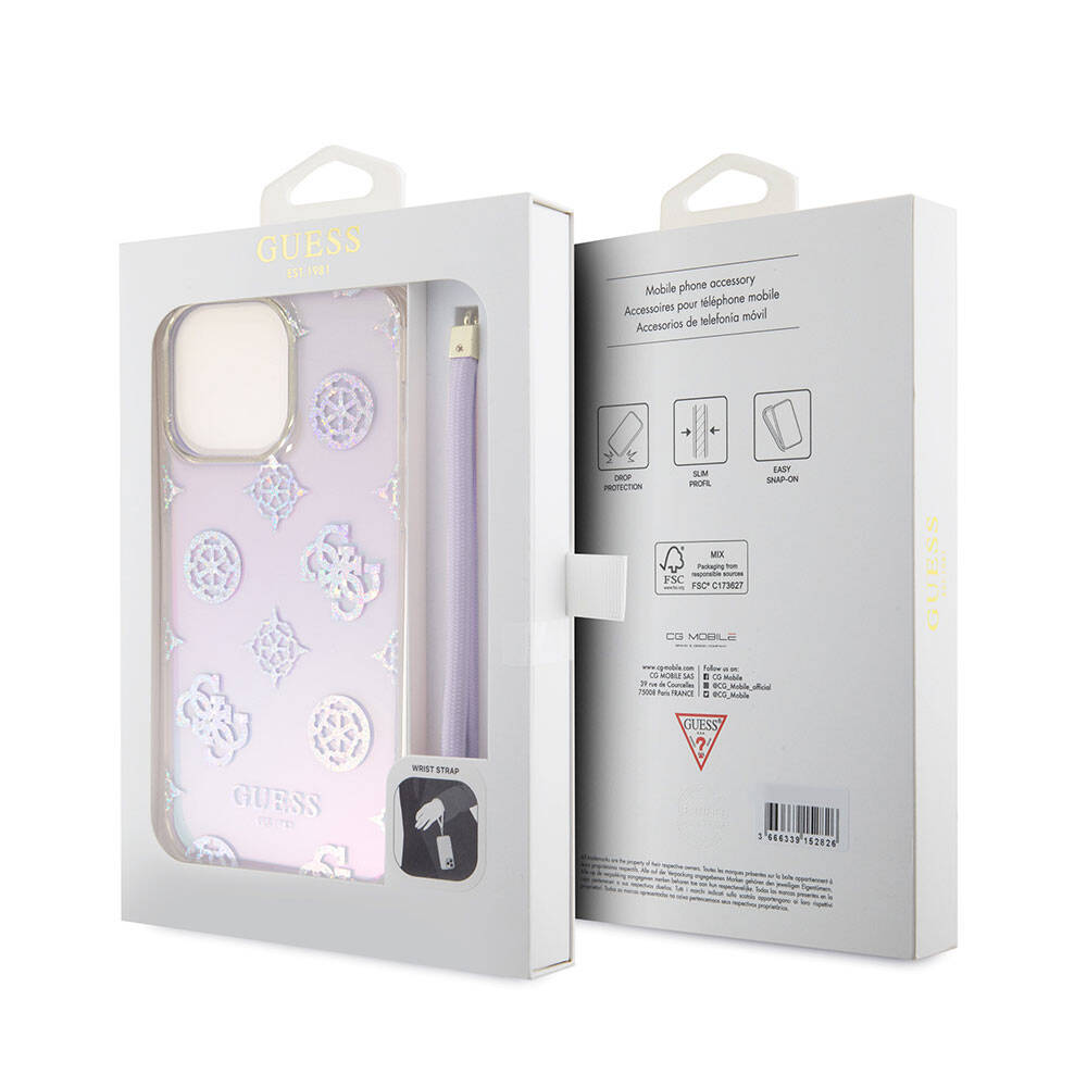 Apple iPhone 15 Pro Max Kılıf Guess Orjinal Lisanslı Desenli Yazı Logolu Askı İpli Holografik Glitter Peony Kapak