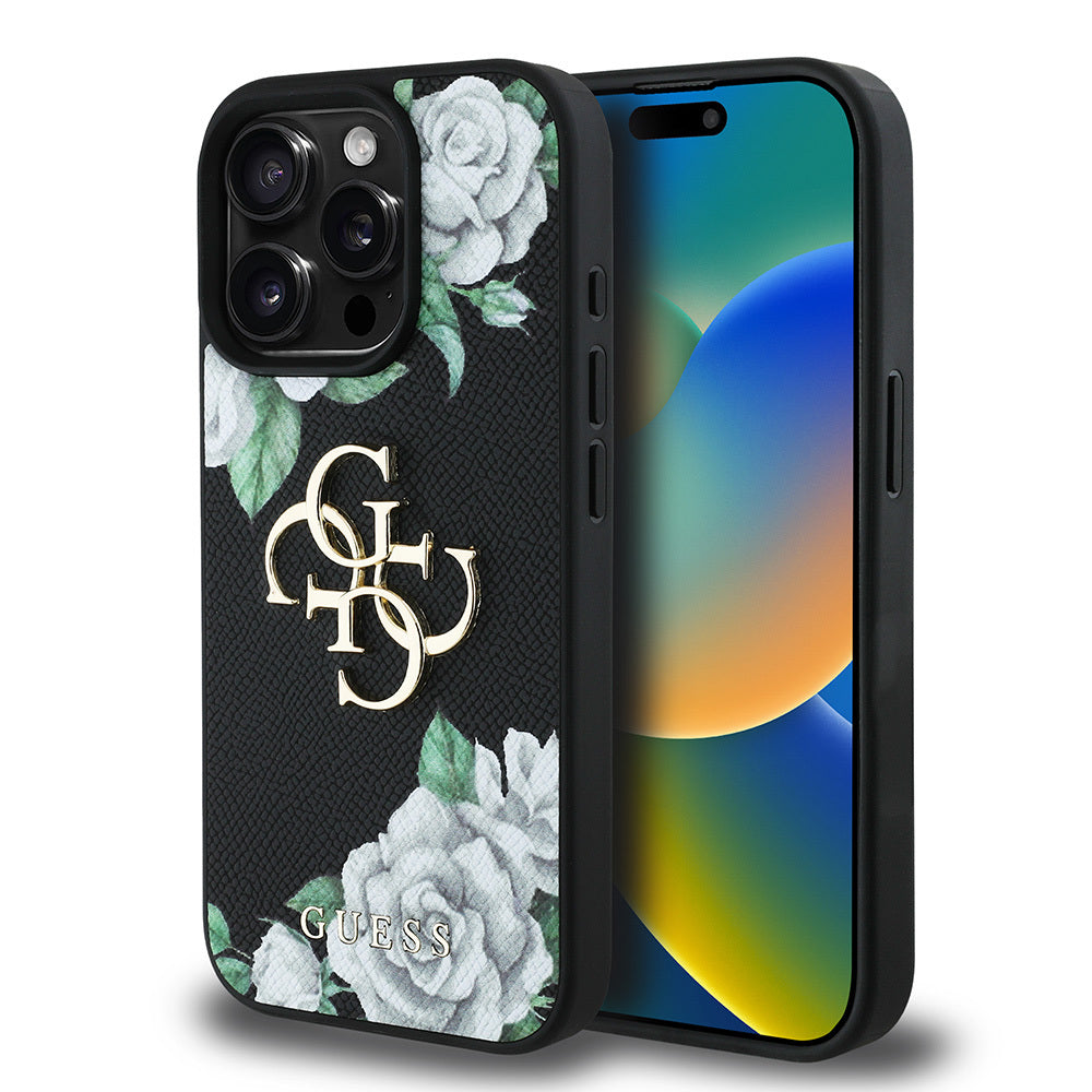 Apple iPhone 15 Pro Max Kılıf Guess Orjinal Lisanslı Gül Baskılı Büyük Metal Logo Dizaynlı Kapak