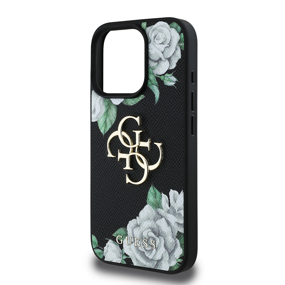 Apple iPhone 15 Pro Max Kılıf Guess Orjinal Lisanslı Gül Baskılı Büyük Metal Logo Dizaynlı Kapak