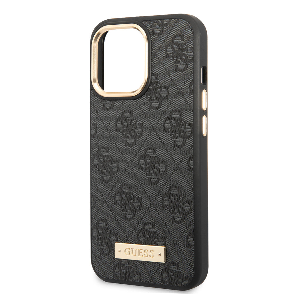 Apple iPhone 15 Pro Max Kılıf Guess Orjinal Lisanslı M-safe Şarj Özellikli 4G Desenli PU Metal Plaka Klasik Logolu Kapak