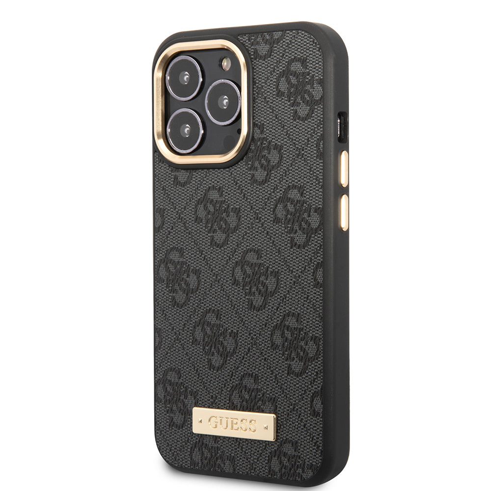 Apple iPhone 15 Pro Max Kılıf Guess Orjinal Lisanslı M-safe Şarj Özellikli 4G Desenli PU Metal Plaka Klasik Logolu Kapak
