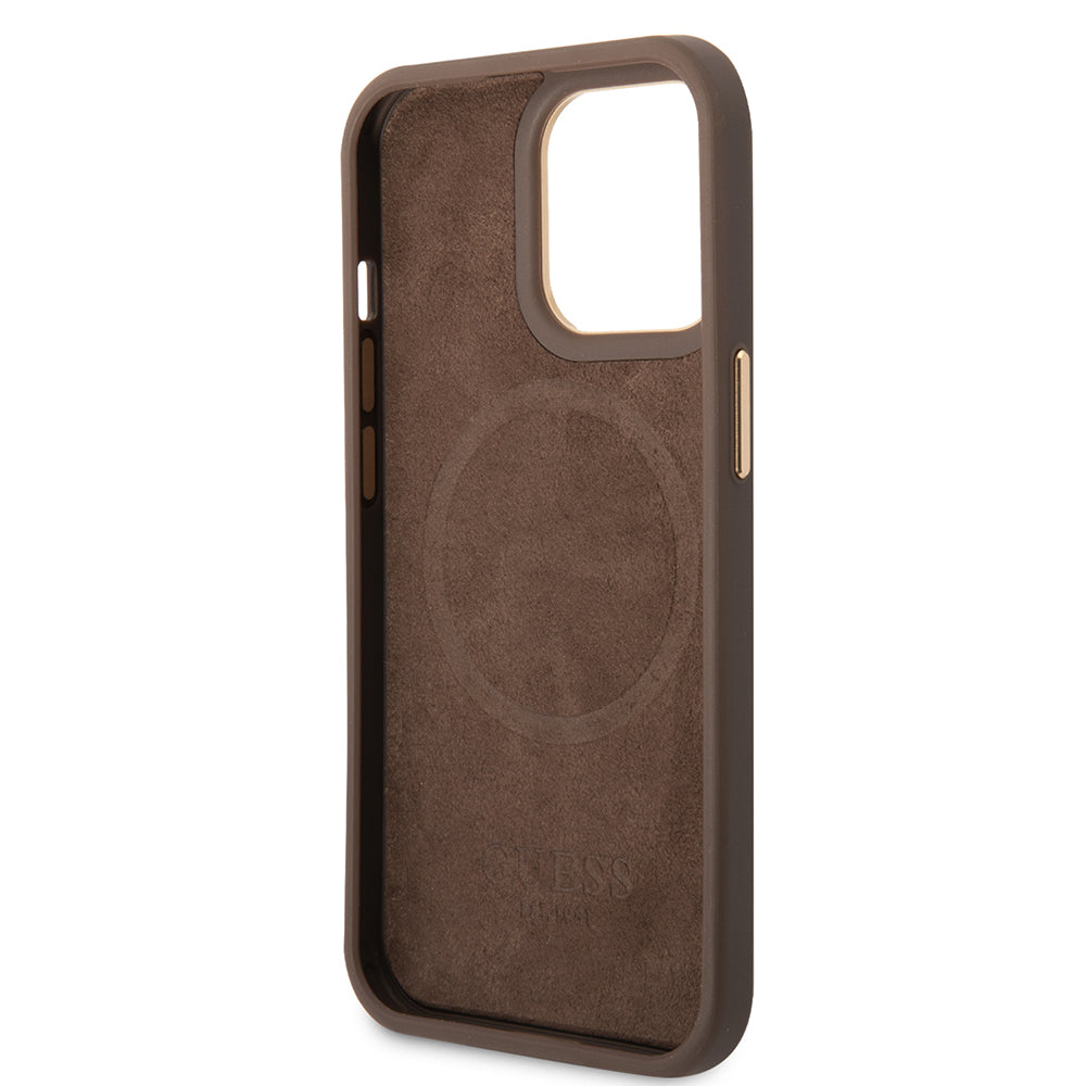 Apple iPhone 15 Pro Max Kılıf Guess Orjinal Lisanslı M-safe Şarj Özellikli 4G Desenli PU Metal Plaka Klasik Logolu Kapak