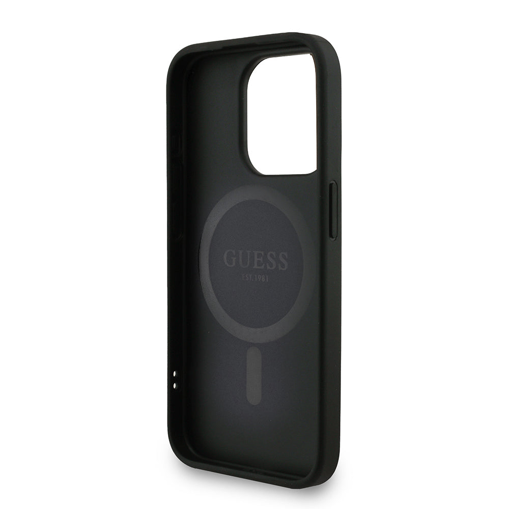 Apple iPhone 15 Pro Max Kılıf Guess Orjinal Lisanslı M-safe Şarj Özellikli PU Deri Bilek Askı İpli Yazı Logolu Kapak