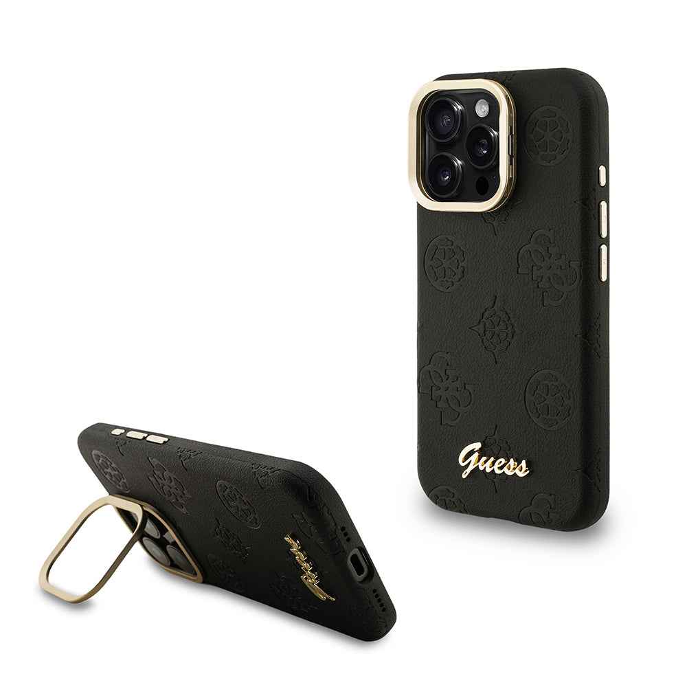 Apple iPhone 15 Pro Max Kılıf Guess Orjinal Lisanslı M-safe Şarj Özellikli Sıcak Baskılı Yazı Logolu Kamera Standlı PU Deri Peony Kapak