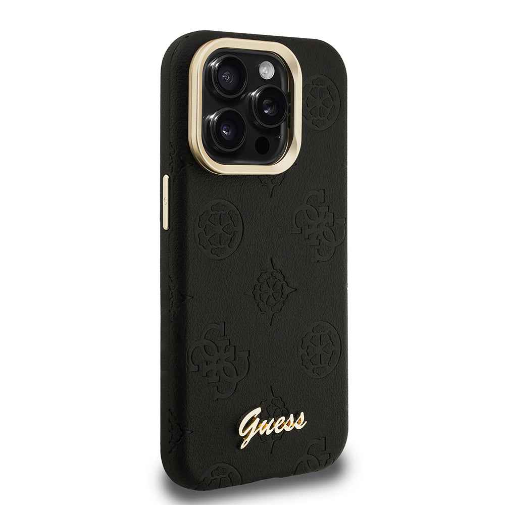 Apple iPhone 15 Pro Max Kılıf Guess Orjinal Lisanslı M-safe Şarj Özellikli Sıcak Baskılı Yazı Logolu Kamera Standlı PU Deri Peony Kapak