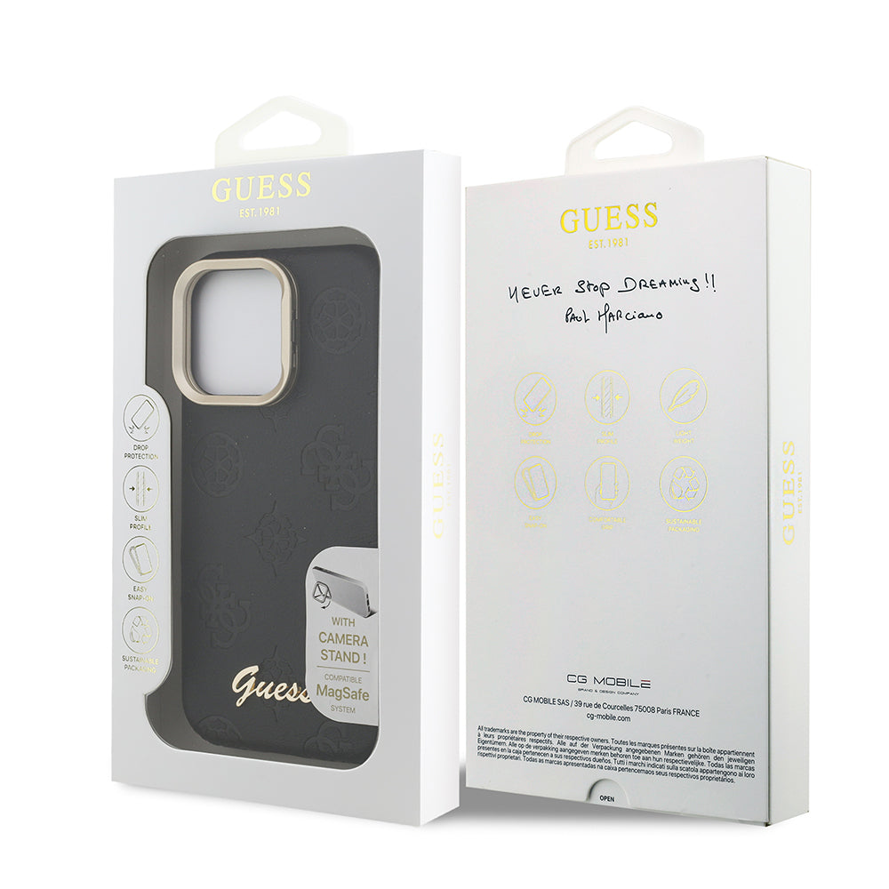 Apple iPhone 15 Pro Max Kılıf Guess Orjinal Lisanslı M-safe Şarj Özellikli Sıcak Baskılı Yazı Logolu Kamera Standlı PU Deri Peony Kapak
