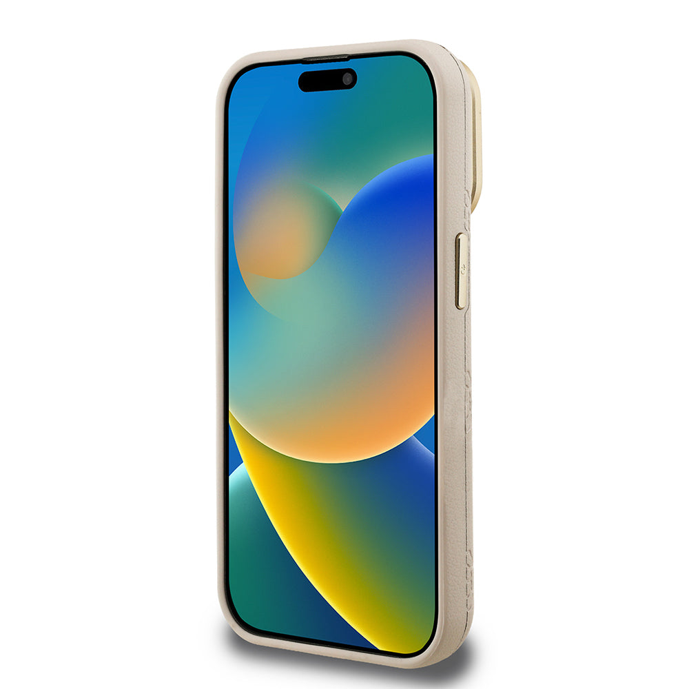 Apple iPhone 15 Pro Max Kılıf Guess Orjinal Lisanslı M-safe Şarj Özellikli Sıcak Baskılı Yazı Logolu Kamera Standlı PU Deri Peony Kapak