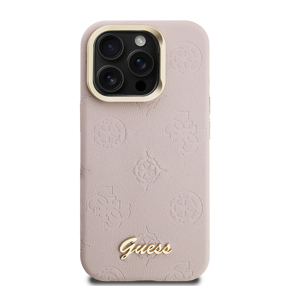 Apple iPhone 15 Pro Max Kılıf Guess Orjinal Lisanslı M-safe Şarj Özellikli Sıcak Baskılı Yazı Logolu Kamera Standlı PU Deri Peony Kapak