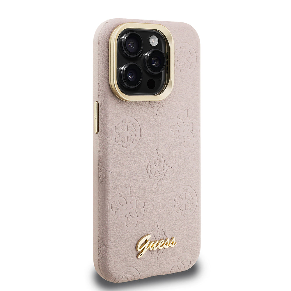 Apple iPhone 15 Pro Max Kılıf Guess Orjinal Lisanslı M-safe Şarj Özellikli Sıcak Baskılı Yazı Logolu Kamera Standlı PU Deri Peony Kapak