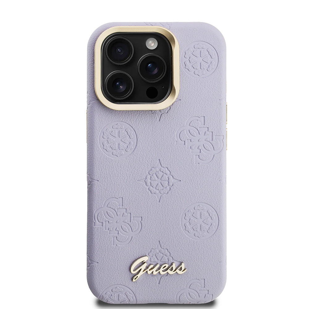 Apple iPhone 15 Pro Max Kılıf Guess Orjinal Lisanslı M-safe Şarj Özellikli Sıcak Baskılı Yazı Logolu Kamera Standlı PU Deri Peony Kapak