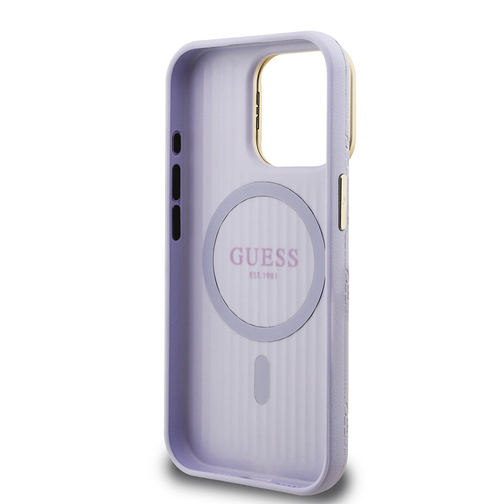 Apple iPhone 15 Pro Max Kılıf Guess Orjinal Lisanslı M-safe Şarj Özellikli Sıcak Baskılı Yazı Logolu Kamera Standlı PU Deri Peony Kapak
