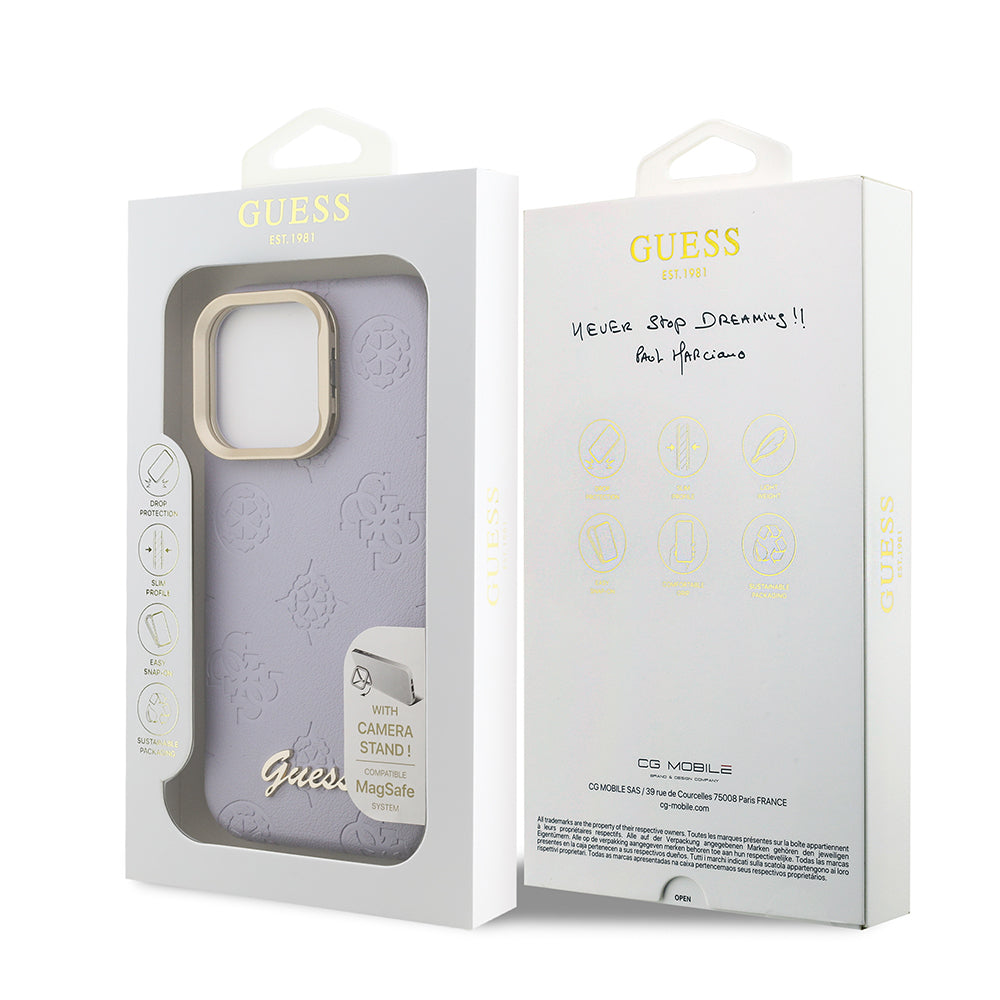Apple iPhone 15 Pro Max Kılıf Guess Orjinal Lisanslı M-safe Şarj Özellikli Sıcak Baskılı Yazı Logolu Kamera Standlı PU Deri Peony Kapak