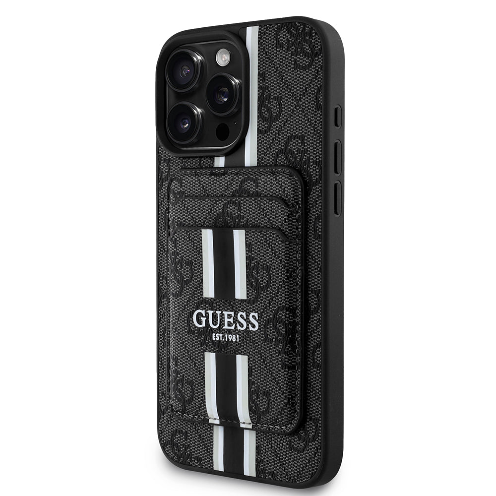 Apple iPhone 15 Pro Max Kılıf Guess Orjinal Lisanslı M-safe Şarj Özellikli 4G Desenli Çizgili Kartlıklı Kapak