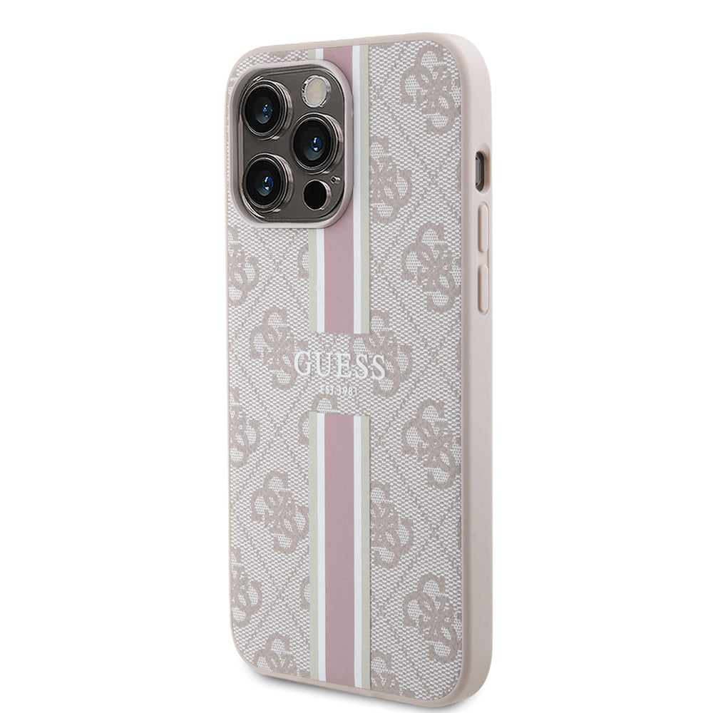 Apple iPhone 15 Pro Max Kılıf Guess Orjinal Lisanslı M-safe Şarj Özellikli 4G Şerit Tasarımlı Printed Kapak