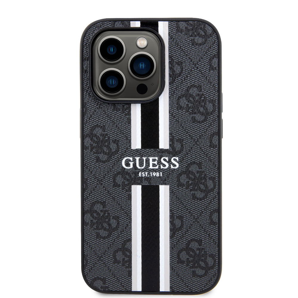 Apple iPhone 15 Pro Max Kılıf Guess Orjinal Lisanslı M-safe Şarj Özellikli 4G Şerit Tasarımlı Printed Kapak