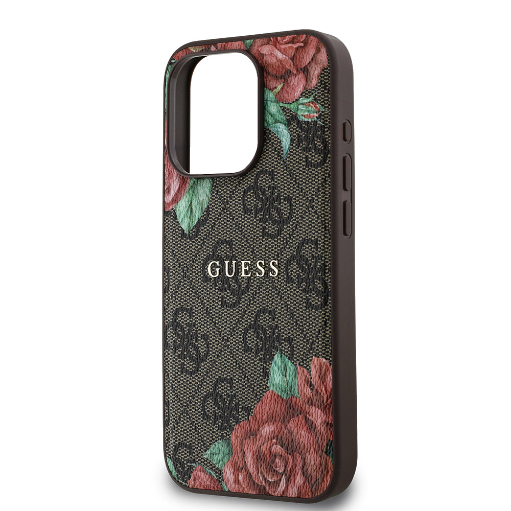 Apple iPhone 15 Pro Max Kılıf Guess Orjinal Lisanslı M-safe Şarj Özellikli Gül Baskılı 4G Desenli Yazı Logolu Kapak