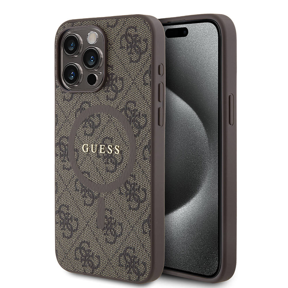 Apple iPhone 15 Pro Max Kılıf Guess Orjinal Lisanslı M-safe Şarj Özellikli PU Halkalı 4G Desenli Yazı Logolu Kapak