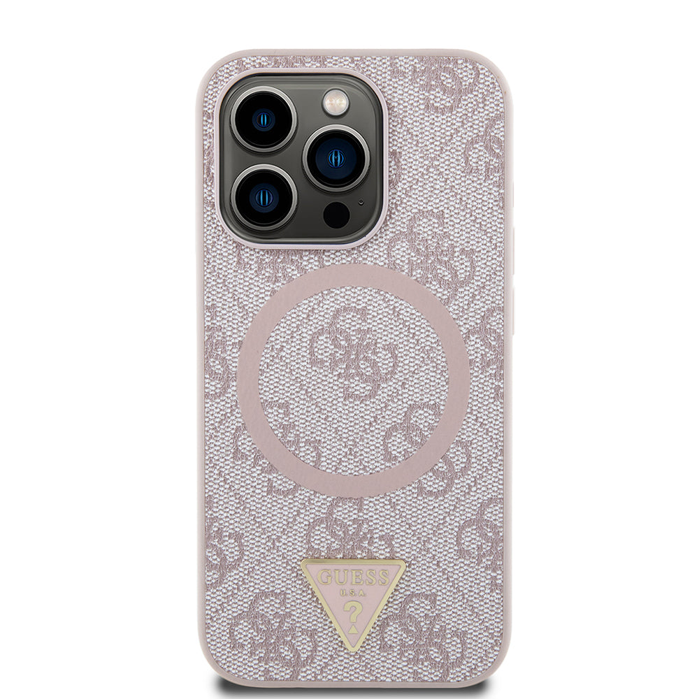 Apple iPhone 15 Pro Max Kılıf Guess Orjinal Lisanslı M-safe Şarj Özellikli PU Üçgen Logo 4G Desenli Kapak