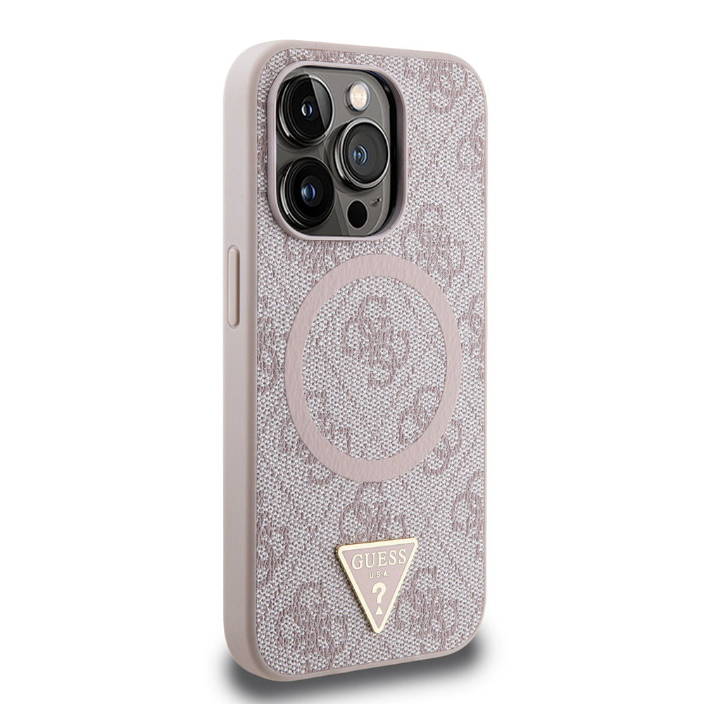 Apple iPhone 15 Pro Max Kılıf Guess Orjinal Lisanslı M-safe Şarj Özellikli PU Üçgen Logo 4G Desenli Kapak
