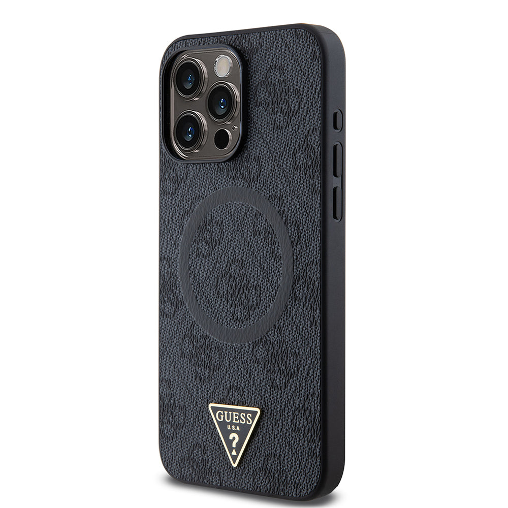 Apple iPhone 15 Pro Max Kılıf Guess Orjinal Lisanslı M-safe Şarj Özellikli PU Üçgen Logo 4G Desenli Kapak