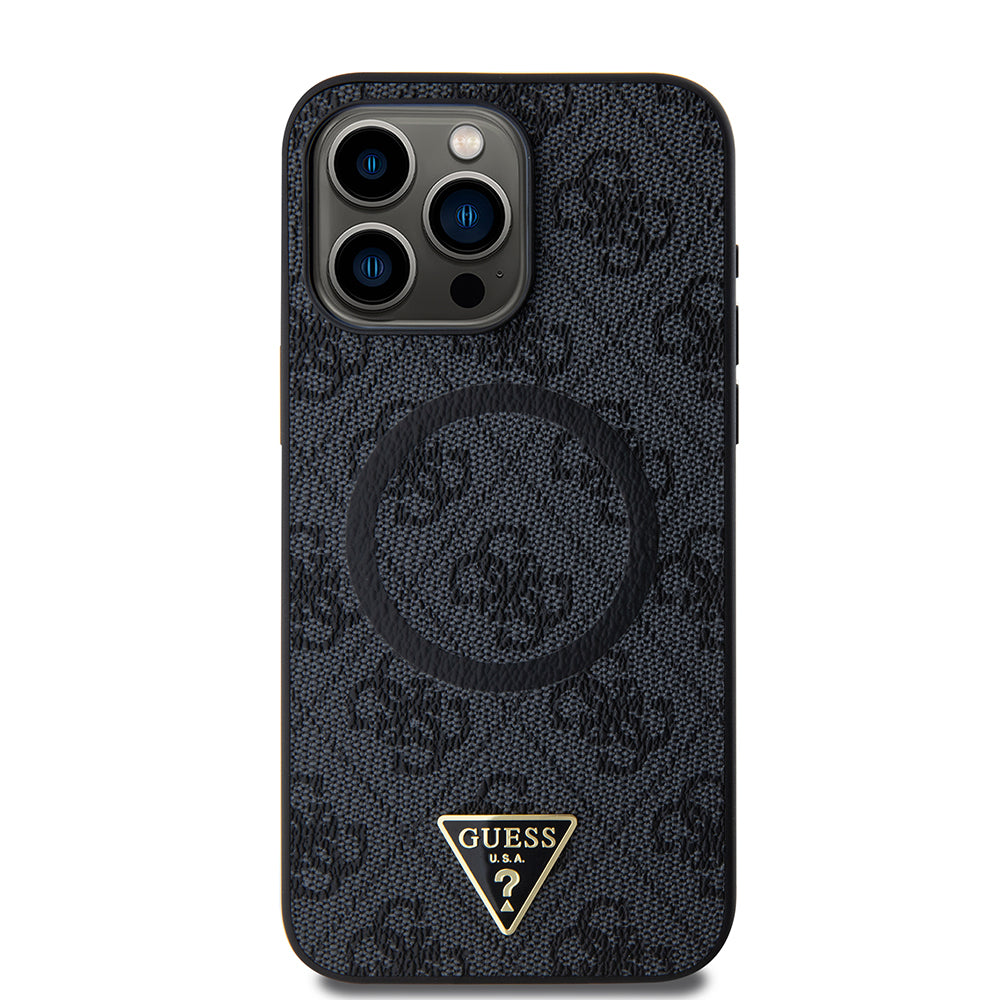 Apple iPhone 15 Pro Max Kılıf Guess Orjinal Lisanslı M-safe Şarj Özellikli PU Üçgen Logo 4G Desenli Kapak