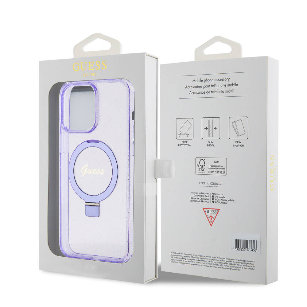 Apple iPhone 15 Pro Max Kılıf Guess Orjinal Lisanslı M-safe Şarj Özellikli Simli Arka Yüzey Ring Standlı Kapak