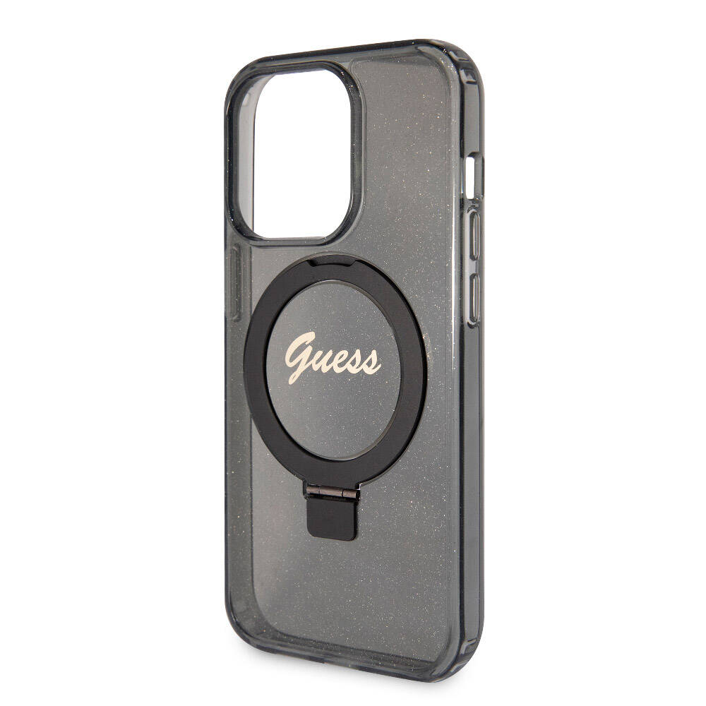 Apple iPhone 15 Pro Max Kılıf Guess Orjinal Lisanslı M-safe Şarj Özellikli Simli Arka Yüzey Ring Standlı Kapak