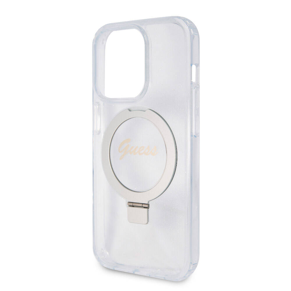 Apple iPhone 15 Pro Max Kılıf Guess Orjinal Lisanslı M-safe Şarj Özellikli Simli Arka Yüzey Ring Standlı Kapak