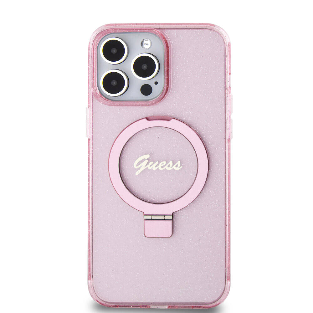 Apple iPhone 15 Pro Max Kılıf Guess Orjinal Lisanslı M-safe Şarj Özellikli Simli Arka Yüzey Ring Standlı Kapak