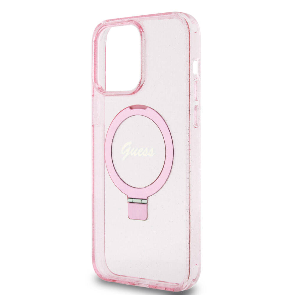 Apple iPhone 15 Pro Max Kılıf Guess Orjinal Lisanslı M-safe Şarj Özellikli Simli Arka Yüzey Ring Standlı Kapak
