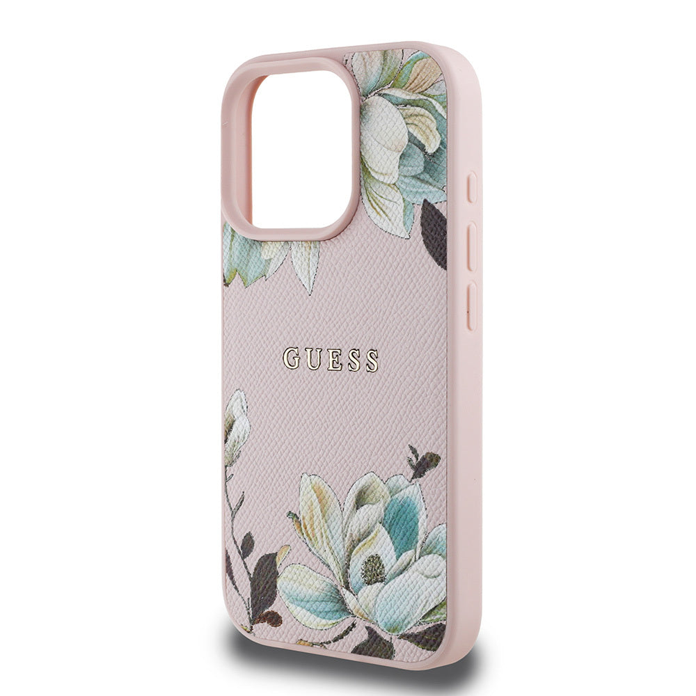 Apple iPhone 15 Pro Max Kılıf Guess Orjinal Lisanslı M-safe Şarj Özellikli Taneli Çiçek Tasarımlı Metal Yazı Logolu Kapak