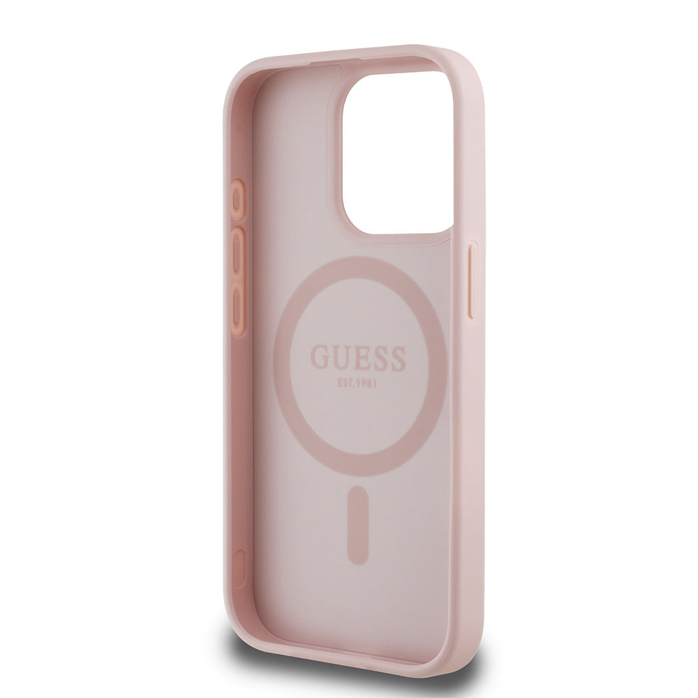 Apple iPhone 15 Pro Max Kılıf Guess Orjinal Lisanslı M-safe Şarj Özellikli Taneli Çiçek Tasarımlı Metal Yazı Logolu Kapak