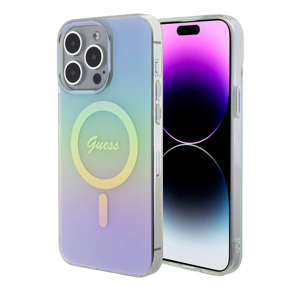 Apple iPhone 15 Pro Max Kılıf Guess Orjinal Lisanslı M-safe Şarj Özellikli Yazı Logolu Iridescent Kapak