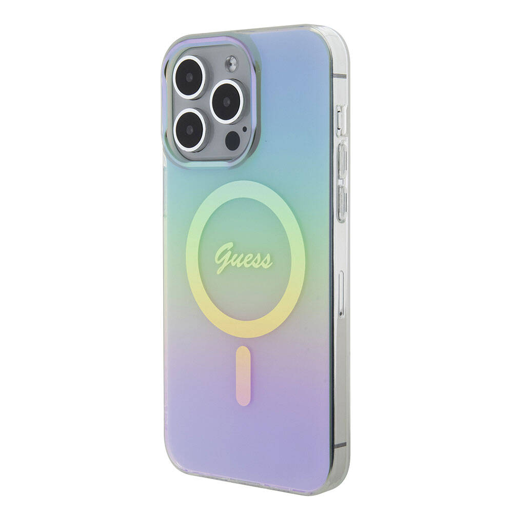 Apple iPhone 15 Pro Max Kılıf Guess Orjinal Lisanslı M-safe Şarj Özellikli Yazı Logolu Iridescent Kapak
