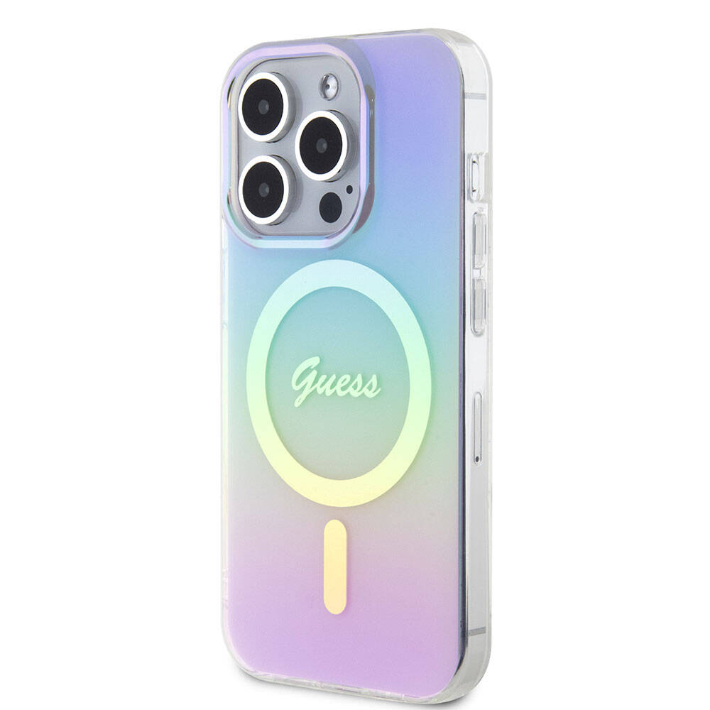 Apple iPhone 15 Pro Max Kılıf Guess Orjinal Lisanslı M-safe Şarj Özellikli Yazı Logolu Iridescent Kapak