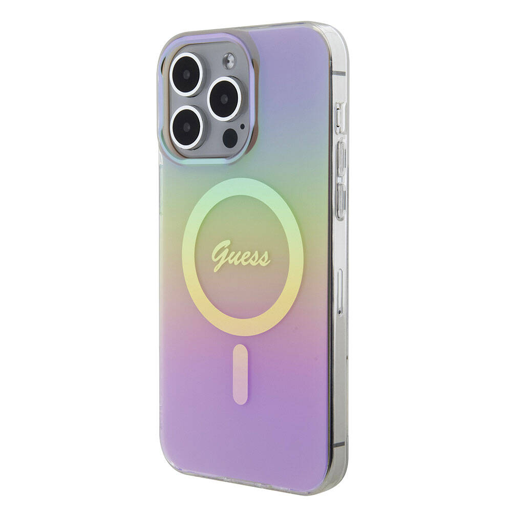 Apple iPhone 15 Pro Max Kılıf Guess Orjinal Lisanslı M-safe Şarj Özellikli Yazı Logolu Iridescent Kapak