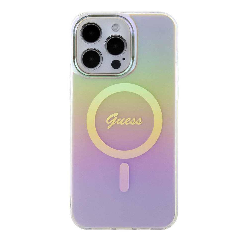 Apple iPhone 15 Pro Max Kılıf Guess Orjinal Lisanslı M-safe Şarj Özellikli Yazı Logolu Iridescent Kapak