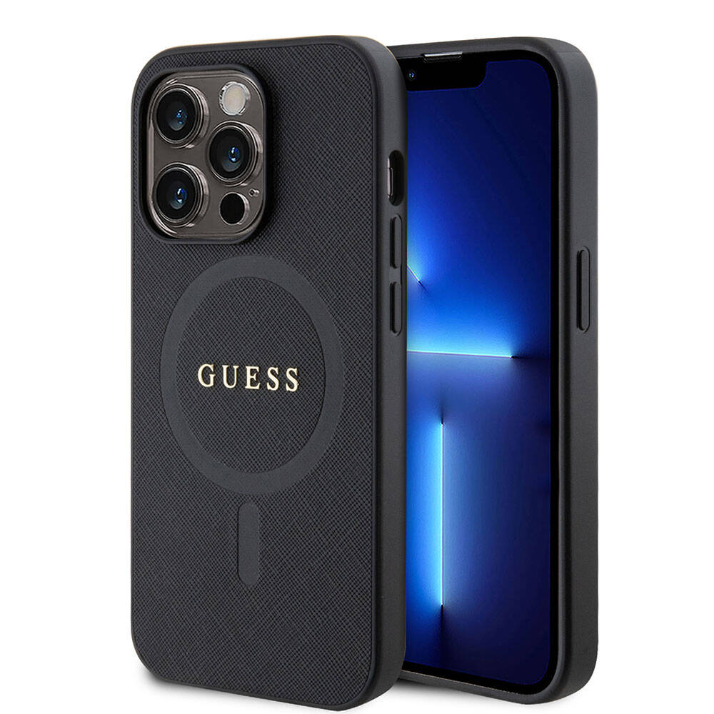 Apple iPhone 15 Pro Max Kılıf Guess Orjinal Lisanslı M-safe Şarj Özellikli Yazı Logolu Saffiano Kapak