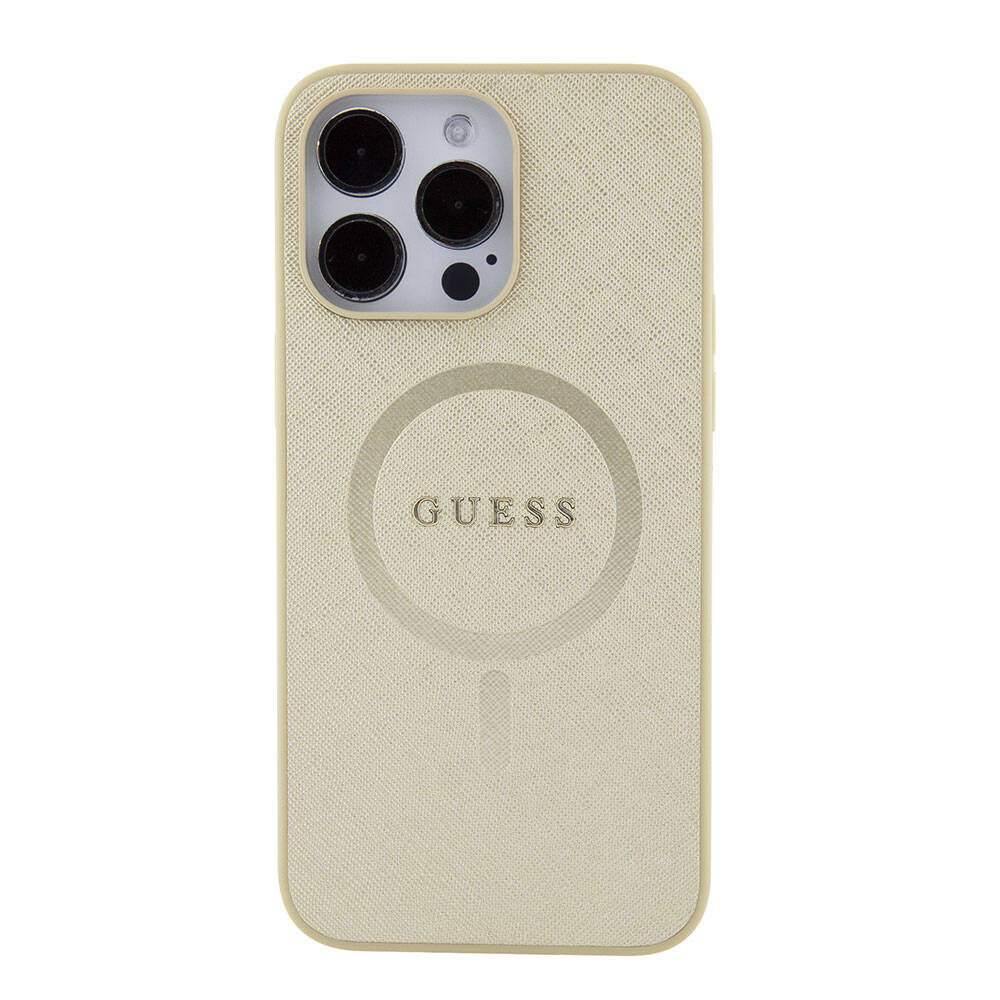 Apple iPhone 15 Pro Max Kılıf Guess Orjinal Lisanslı M-safe Şarj Özellikli Yazı Logolu Saffiano Kapak
