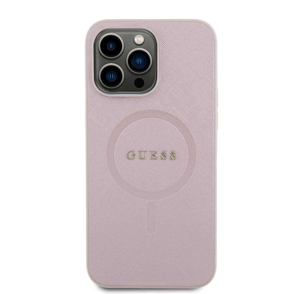 Apple iPhone 15 Pro Max Kılıf Guess Orjinal Lisanslı M-safe Şarj Özellikli Yazı Logolu Saffiano Kapak