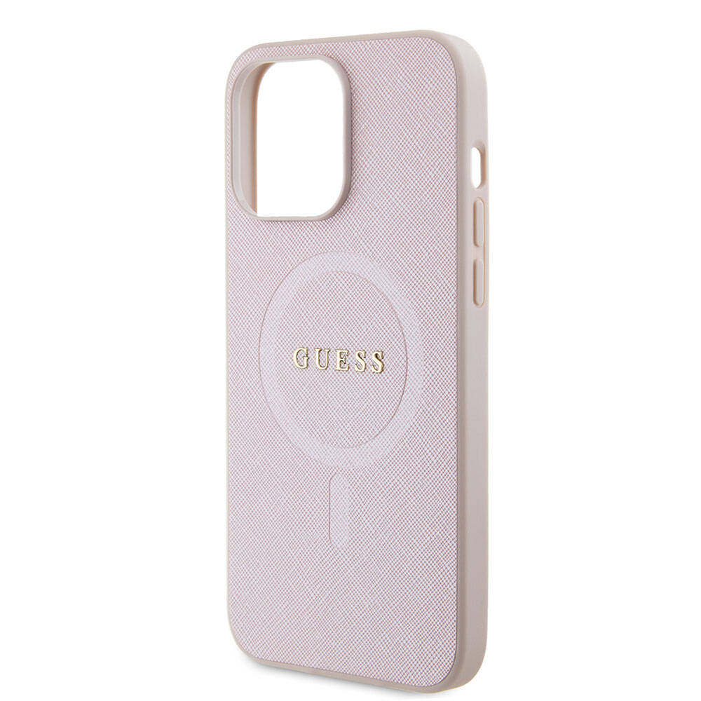 Apple iPhone 15 Pro Max Kılıf Guess Orjinal Lisanslı M-safe Şarj Özellikli Yazı Logolu Saffiano Kapak