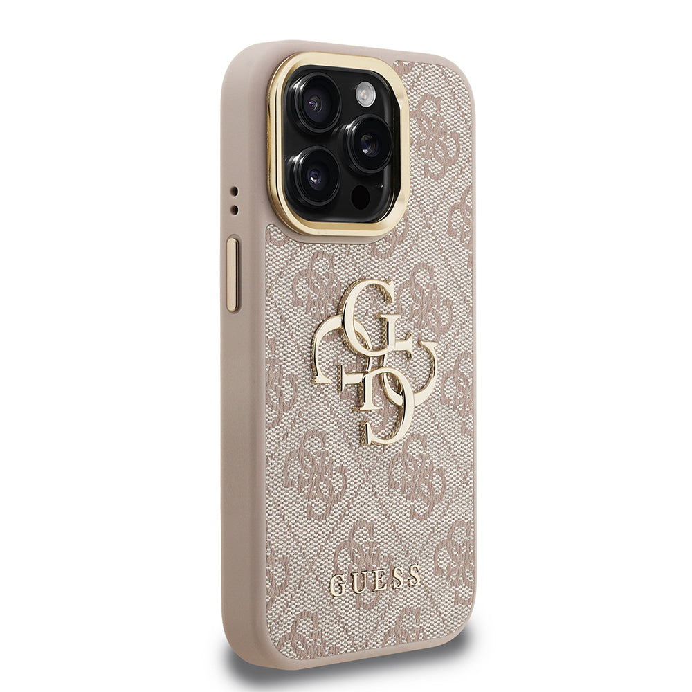 Apple iPhone 15 Pro Max Kılıf Guess Orjinal Lisanslı PU Deri 4G Desenli Metal Büyük 4G ve Yazı Logolu Kamera Standlı Kapak