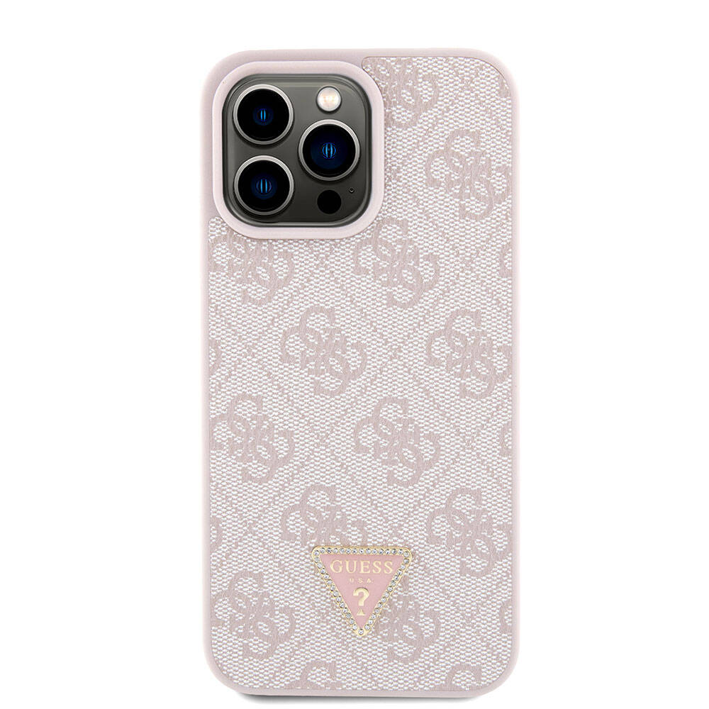 Apple iPhone 15 Pro Max Kılıf Guess Orjinal Lisanslı PU Deri Askılı Taşlı Üçgen Logo 4G Desenli Strass Crossbody Kapak