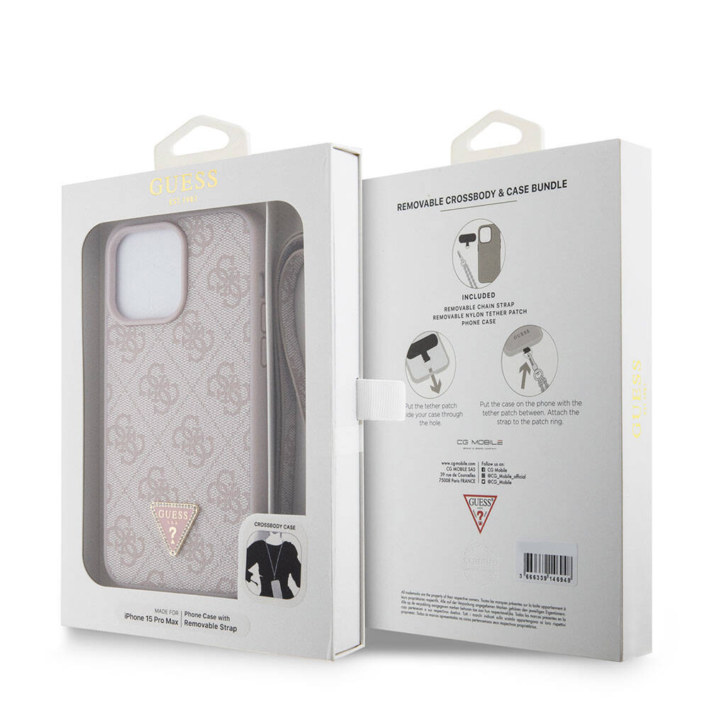 Apple iPhone 15 Pro Max Kılıf Guess Orjinal Lisanslı PU Deri Askılı Taşlı Üçgen Logo 4G Desenli Strass Crossbody Kapak