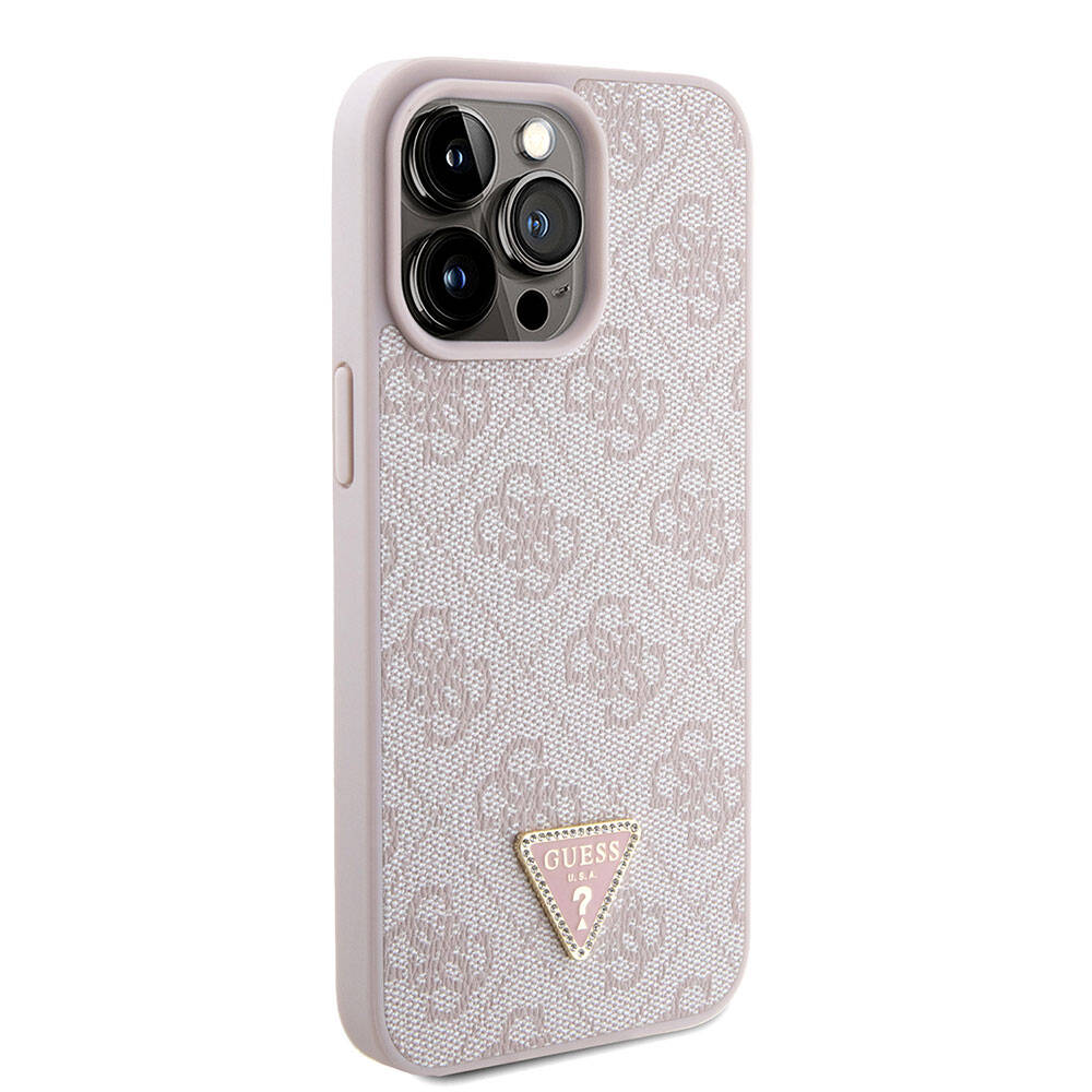 Apple iPhone 15 Pro Max Kılıf Guess Orjinal Lisanslı PU Deri Askılı Taşlı Üçgen Logo 4G Desenli Strass Crossbody Kapak