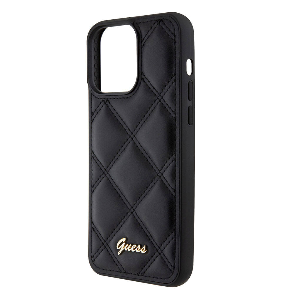 Apple iPhone 15 Pro Max Kılıf Guess Orjinal Lisanslı PU Deri Metal Yazı Logolu Kapitone Kapak