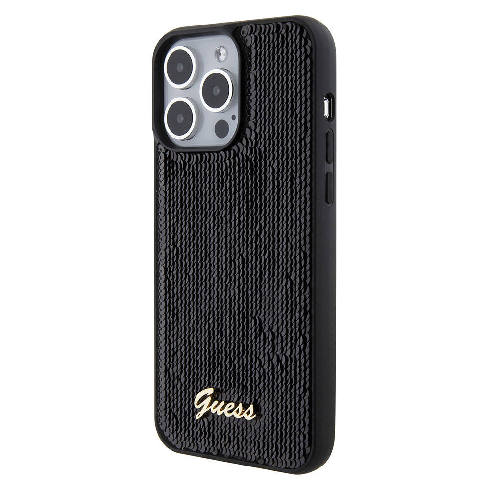 Apple iPhone 15 Pro Max Kılıf Guess Orjinal Lisanslı Pullu Arka Yüzey Metal Yazı Logolu Sequin Script Kapak