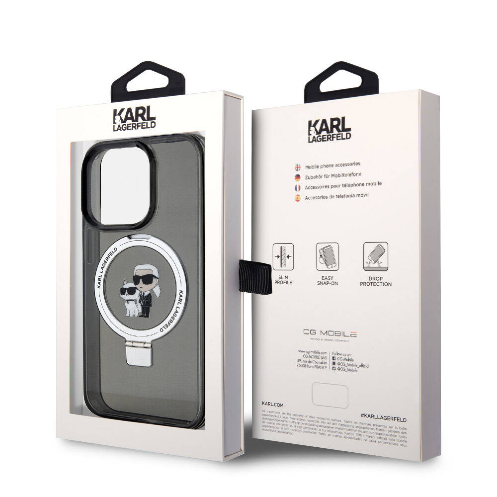 Apple iPhone 15 Pro Max Kılıf Karl Lagerfeld Orjinal Lisanslı M-safe Şarj Özellikli K&C İkonik Baskılı Ring Standlı Kapak