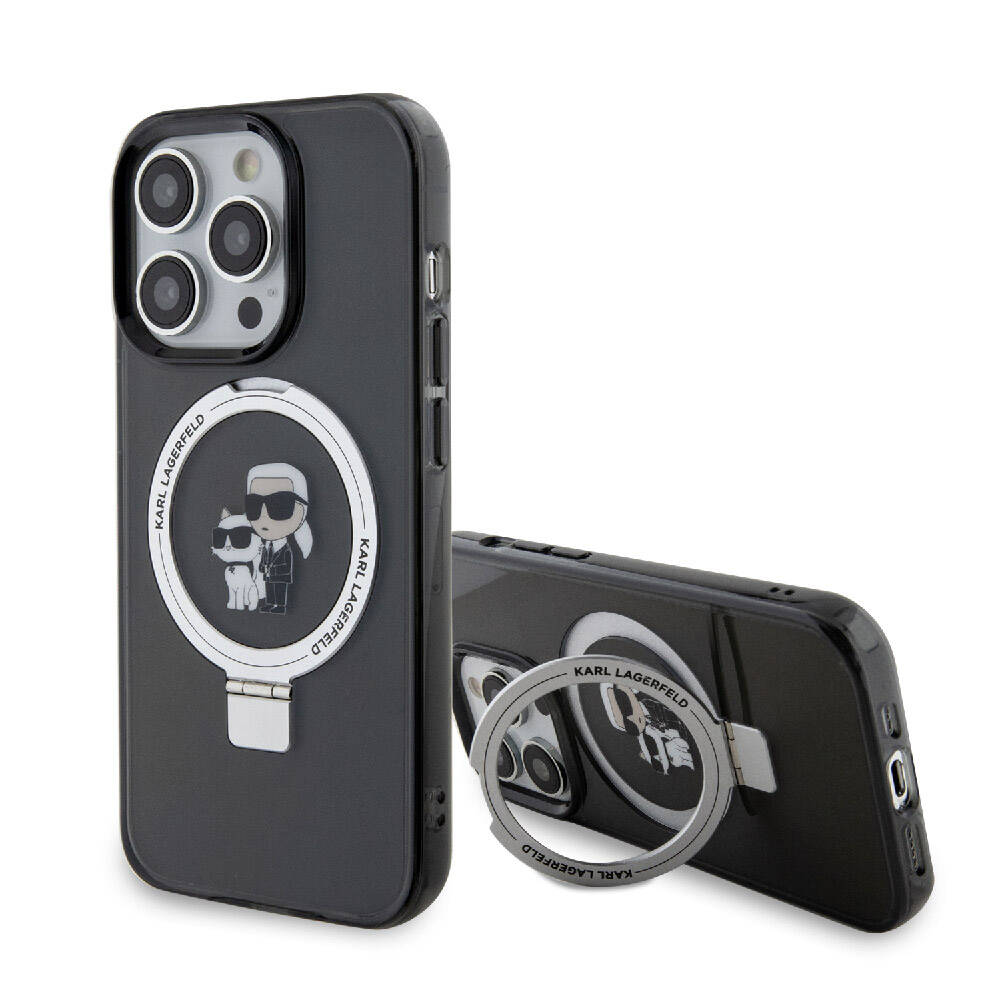 Apple iPhone 15 Pro Max Kılıf Karl Lagerfeld Orjinal Lisanslı M-safe Şarj Özellikli K&C İkonik Baskılı Ring Standlı Kapak